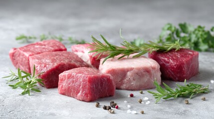 Fresh cuts of meat arranged on a gray surface with herbs and spices showcasing culinary potential