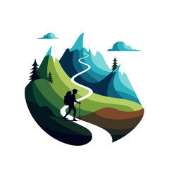 Stylized layered illustration of a hiker with backpack and pole on a winding mountain path.