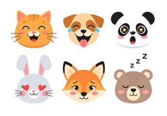 Fototapeta premium Set of cute animal face icons showing emotions – happy cat, giggling dog, surprised panda, loving bunny, shy fox, sleepy bear – isolated vector style