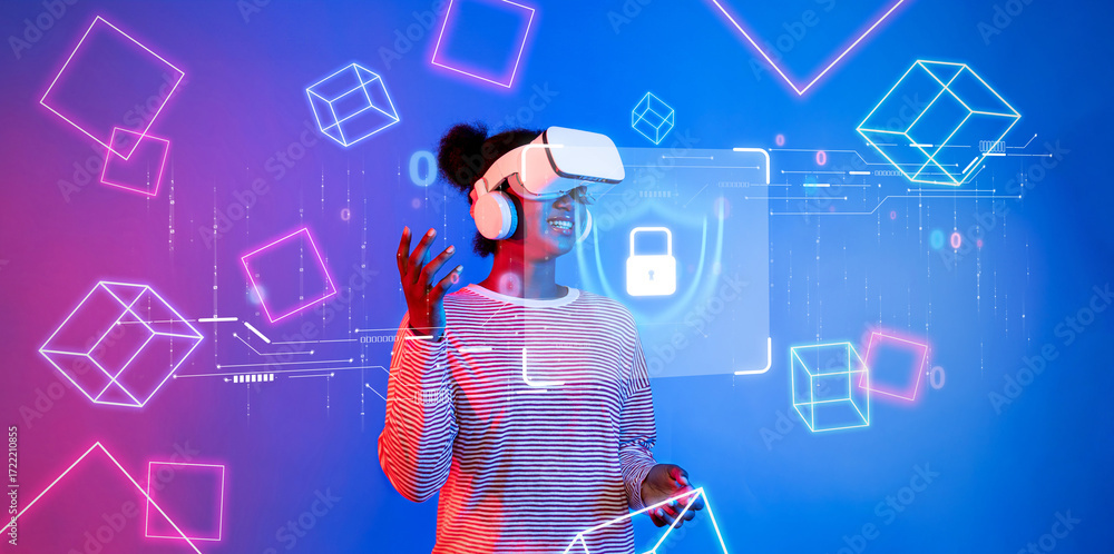 Poster a woman explores a vibrant virtual reality environment that highlights concepts of cybersecurity and
