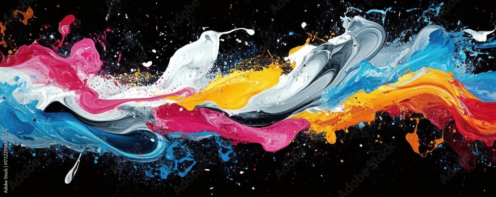 Poster dynamic abstract splash of colorful paint on a black background