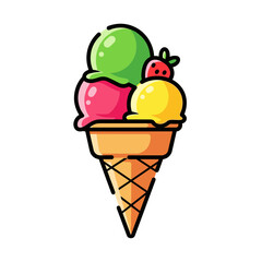 Colorful Triple Scoop Ice Cream Cone with Strawberry.