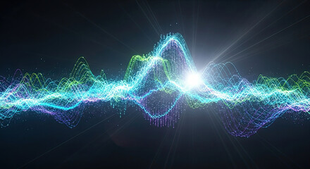 Fototapeta premium Abstract wave visualization showing vibrant glowing particles in flowing motion. Abstract wave represents complex data, digital information, or energy transmission.