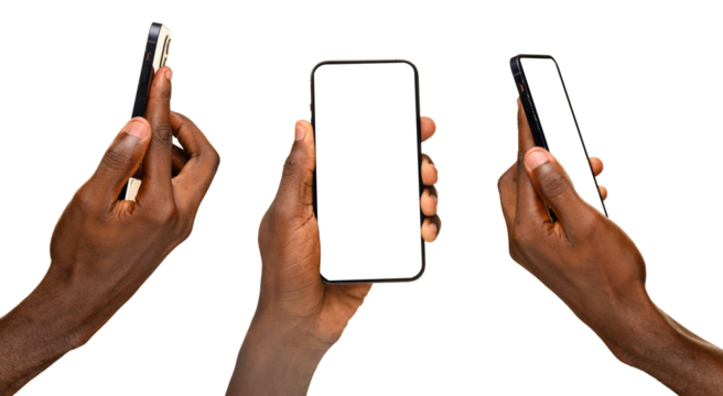 Four hands holding blank white sheets of paper vertically, isolated on a transparent background.