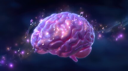 Glowing brain absorbs music waves, promoting cognitive stimulation, mental sharpness and clear thoughts. Soothing alpha rhythms bring auditory healing and deep calmness.