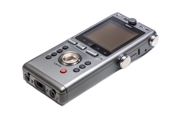 Professional digital audio recorder device with screen and buttons isolated on black isolated on transparent background