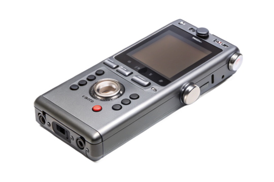 Professional digital audio recorder device with screen and buttons isolated on black isolated on transparent background