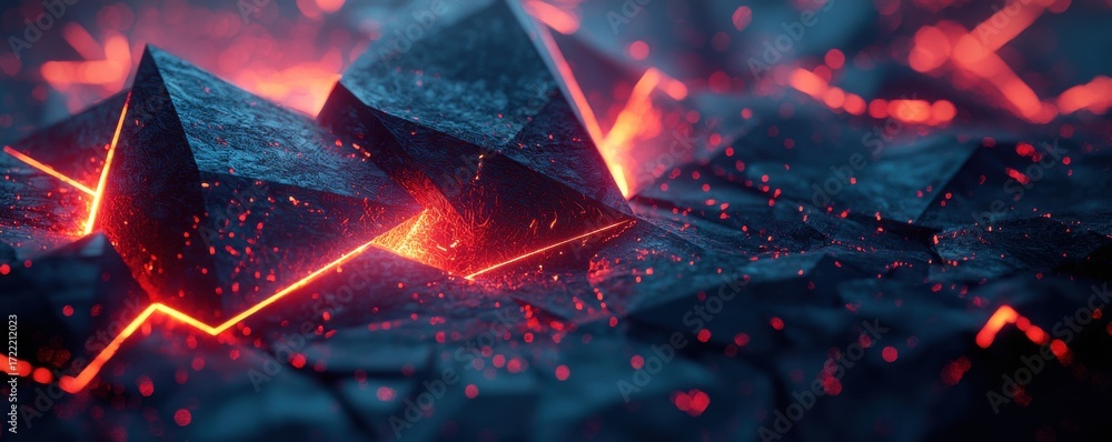 Poster abstract low-poly design with glowing geometric shapes and particles