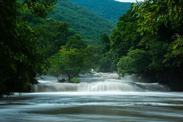 Micos Waterfalls in Huasteca, San Luis Potosi, Mexico.  Flowing Water and Lush Jungle (cascada de Micos)