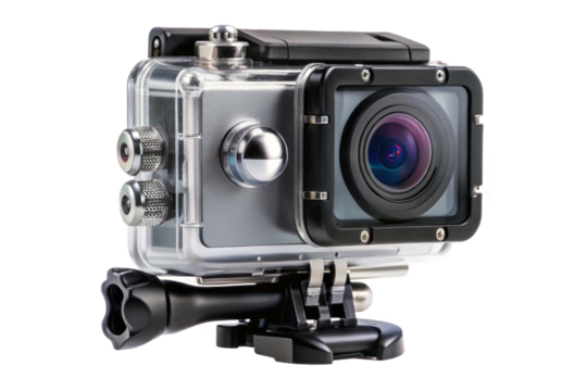 High definition 4k action camera isolated object for dynamic outdoor adventures isolated on transparent background