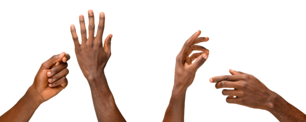 Four hands making different gestures including snapping fingers, open palm, and expressive signs, isolated on a transparent background.