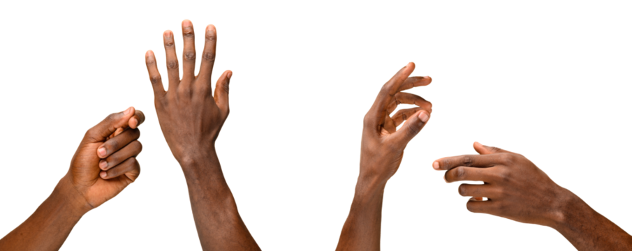 Four hands making different gestures including snapping fingers, open palm, and expressive signs, isolated on a transparent background.
