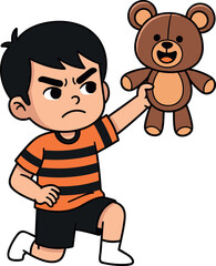 Angry child holding teddy bear in dramatic pose, emotional cartoon vector illustration for parenting, childhood conflict, and behavior themes