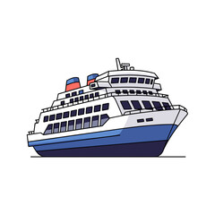 Large White and Blue Passenger Ferry Boat Illustration.
