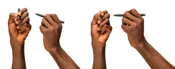 Four hands holding black pens in different writing positions, isolated on a transparent background.