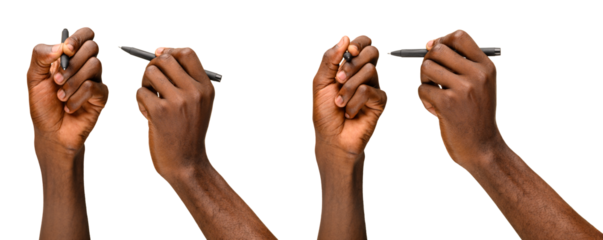 Four hands holding black pens in different writing positions, isolated on a transparent background.