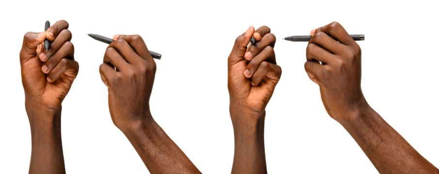 Four hands holding black pens in different writing positions, isolated on a transparent background.