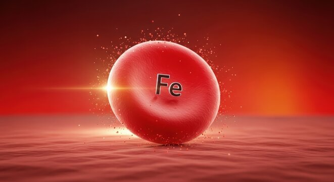 Healthy red blood cell displaying Fe symbol, glowing intensely in a microscopic red bloodstream. Concept of iron deficiency, anemic blood health, vital micronutrient. Medical science background.