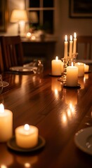 An intimate and romantic dinner setting on a wooden table with glowing candles creating a warm ambiance, a vertical composition with whitespace