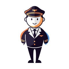 Smiling cartoon pilot in dark blue uniform gold accents and classic pilot hat.