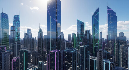 Fototapeta premium City skyline showcases tall skyscrapers against bright blue sky, with majestic cityscape stretching to distant horizon. City skyline offers dynamic panorama of modern architectural marvels,