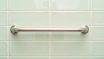 Safe comfort at home concept.  Stainless steel grab bar mounted on light green tiled bathroom wall  