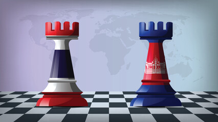 Two Standing Rooks Representing Thailand vs Cambodia with Flags on Bodies and World Map in Background © Model it