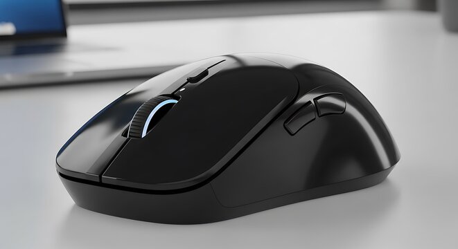 Modern Black Wireless Computer Mouse with Blue Scroll Wheel Light