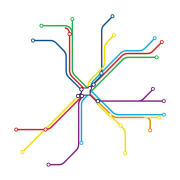 Colorful abstract subway map with interconnected lines and stations.