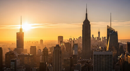 Obraz premium Stunning New York skyline with golden sunset light highlighting city's skyscrapers. New York skyline is iconic, showcasing urban landscape and towering buildings under vibrant sky.