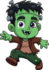 Cute Frankenstein Monster Cartoon Character in Halloween Costume with Green Skin, Purple Eyes, Torn Clothes, Playful Pose for Kids Design