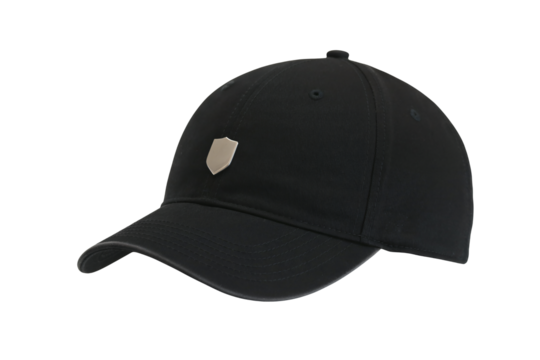 Stylish blank black cap with silver shield ready for branding