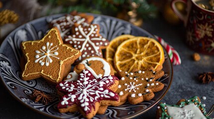 Colorful gingerbread cookies are beautifully arranged on a plate, surrounded by festive decorations, creating a cozy holiday atmosphere - Powered by Adobe