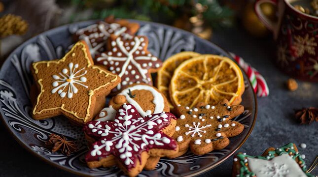Colorful gingerbread cookies are beautifully arranged on a plate, surrounded by festive decorations, creating a cozy holiday atmosphere