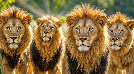 Regal Lions: A Powerful Portrait of Four Majestic Male Lions in Their Natural Habitat
