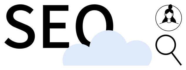 SEO text with magnifying glass, user profile, and cloud conveying search optimization, digital marketing, website ranking, audience targeting, business growth, analytics and branding. Simple flat