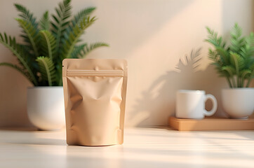 Kraft Paper Stand Up Pouch with Coffee Beans and Greenery Still