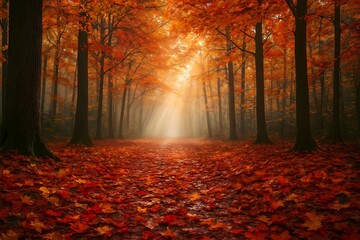 Beautiful Golden Autumn Forest Path Glowing With Warm Sunlight And Colorful Fallen Leaves - background