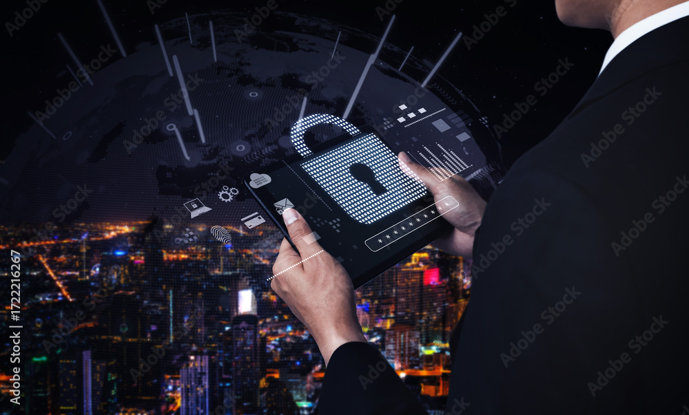 Poster cybersecurity protection system showing password encryption, fingerprint id, cloud security, email, 