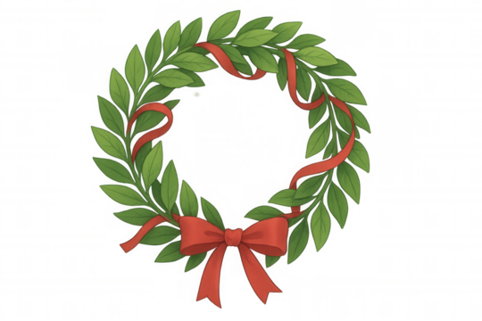 Laurel wreath celebrating success and triumph, featuring green bay leaves and a red ribbon with a bow