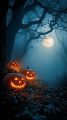 Naklejka premium Halloween background - Carved Orange Pumpkins with Glowing Faces in Dark Forest with Bare Trees and Full Moon in Night Sky. 