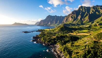 Fototapeta premium Scenic coastal view of rugged mountains and lush vegetation