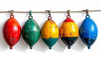 Row of colorful fishing bobbers with unique patterns and hooks, hanging vertically against white background