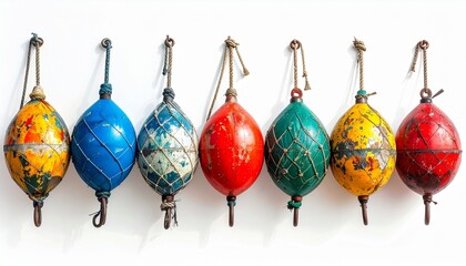 Row of colorful fishing bobbers with unique patterns and hooks, hanging vertically against white background