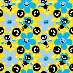Autumn floral seamless Halloween skulls flower and monsters pattern for wrapping paper and fabrics and kids