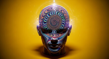 Vibrant Psychedelic Head with Intricate Patterns and Glowing Aura