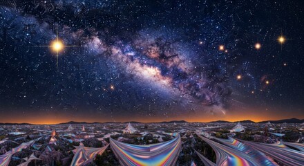 Vast Cosmic Milky Way Galaxy Over a Futuristic Cityscape Under a Starry Night Sky