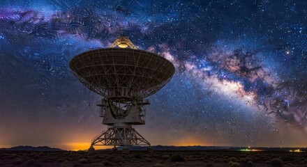Giant Radio Telescope Listening to the Cosmos Under a Starry Milky Way Sky