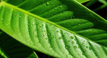 Fresh Raindrops Glistening on a Vibrant Green Leaf - Nature's Pure Beauty Close-Up