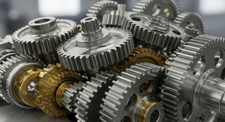 Intricate Interlocking Metal Gears Rotating Seamlessly Mechanical System Motion